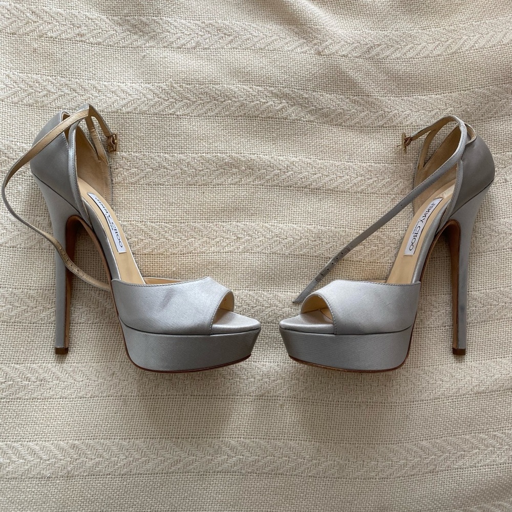 Jimmy Choo Pumps, Max 150s, Gray/Silver Satin, Women’s Heels, Size 39